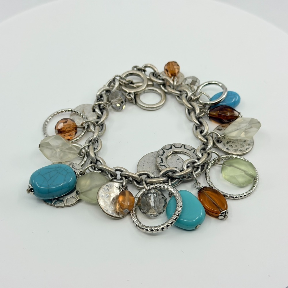 Vintage Boho Silver Faux Turquoise Chunky Charm Bracelet Multi Bead Toggle Y2K - Picture 6 of 8